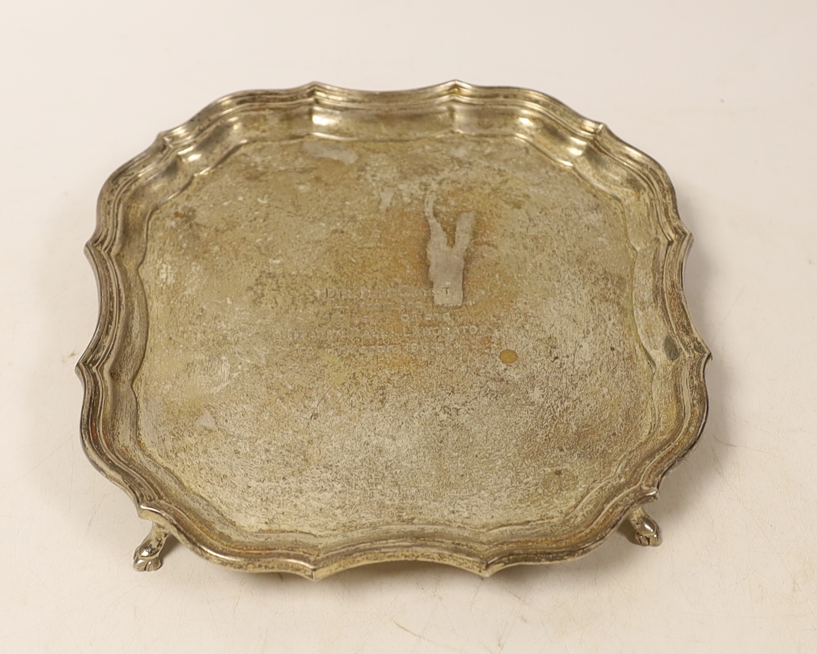 A George V silver waiter, with engraved inscription, Barker Brothers Silver Ltd. Birmingham, 1930, 18.1cm, 8.5oz.